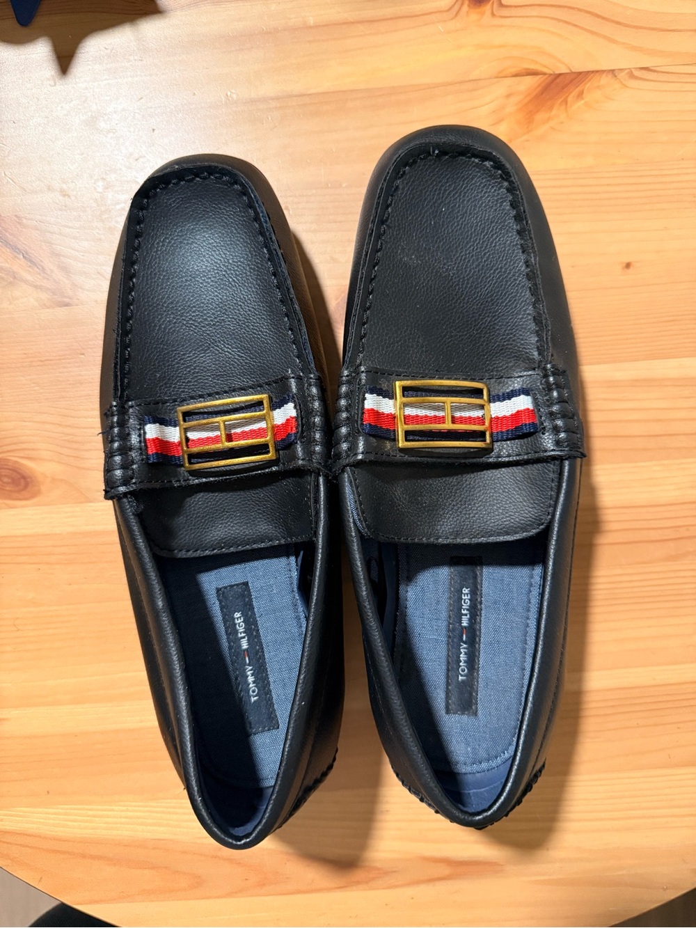 Tommy Hilfiger Black Faux Le Loafers with Red-White-Blue Ribbon and Gold Buckle